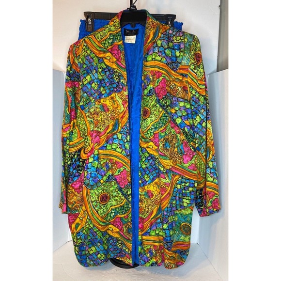 vintage 80s DIANE FREIS  blouse & pleated bold LOTUS print skirt , 100% Silk - Picture 2 of 16